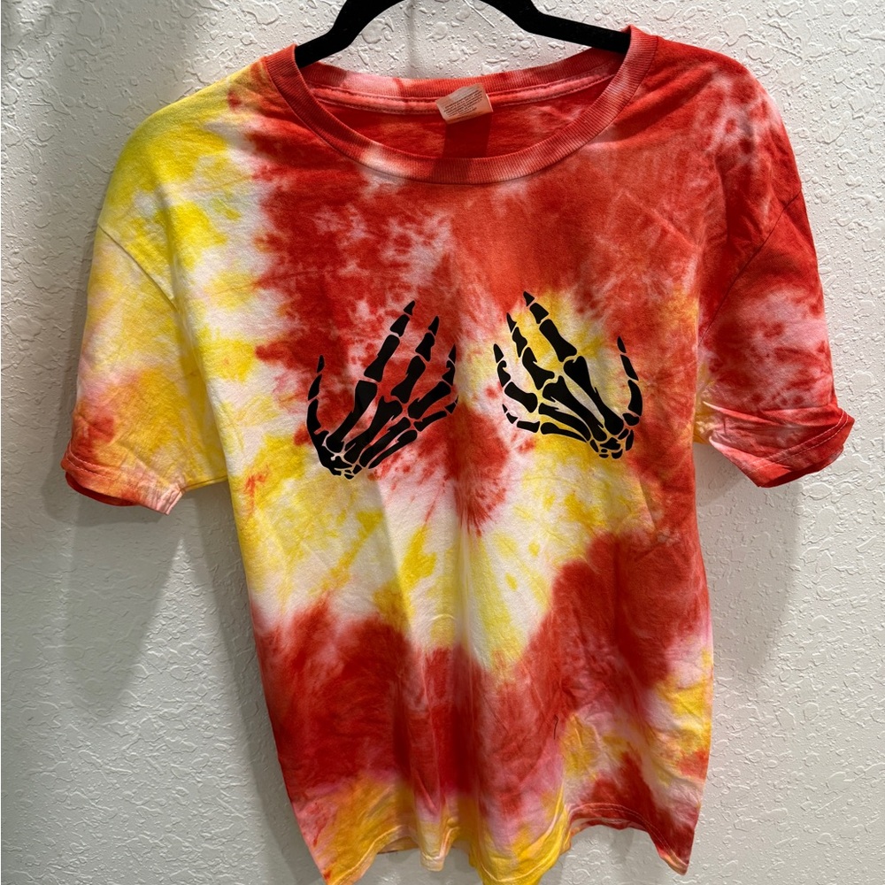 Custom Hanes Red and Yellow Tie-Dye Women's Tee
